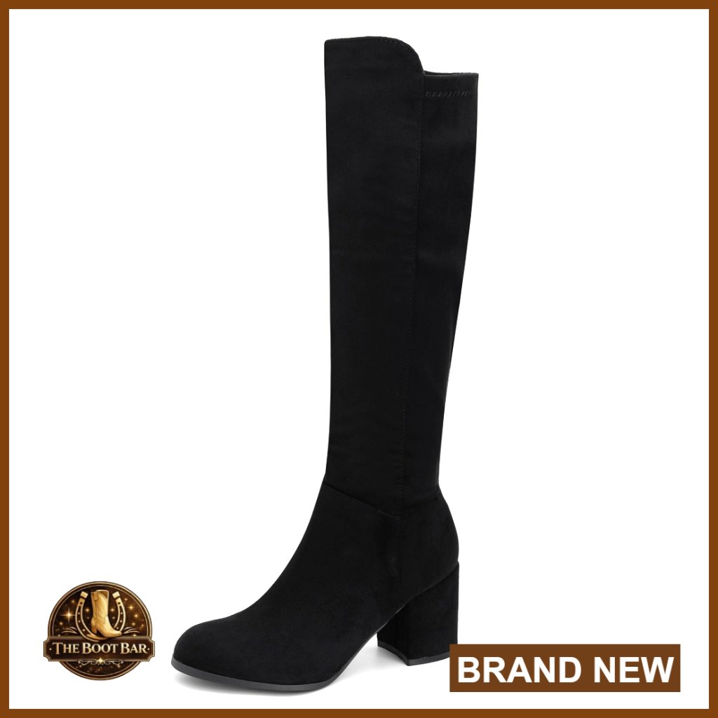 Round Toe Stretch Knee High Boots Vegan Leather Block Heel Zipper